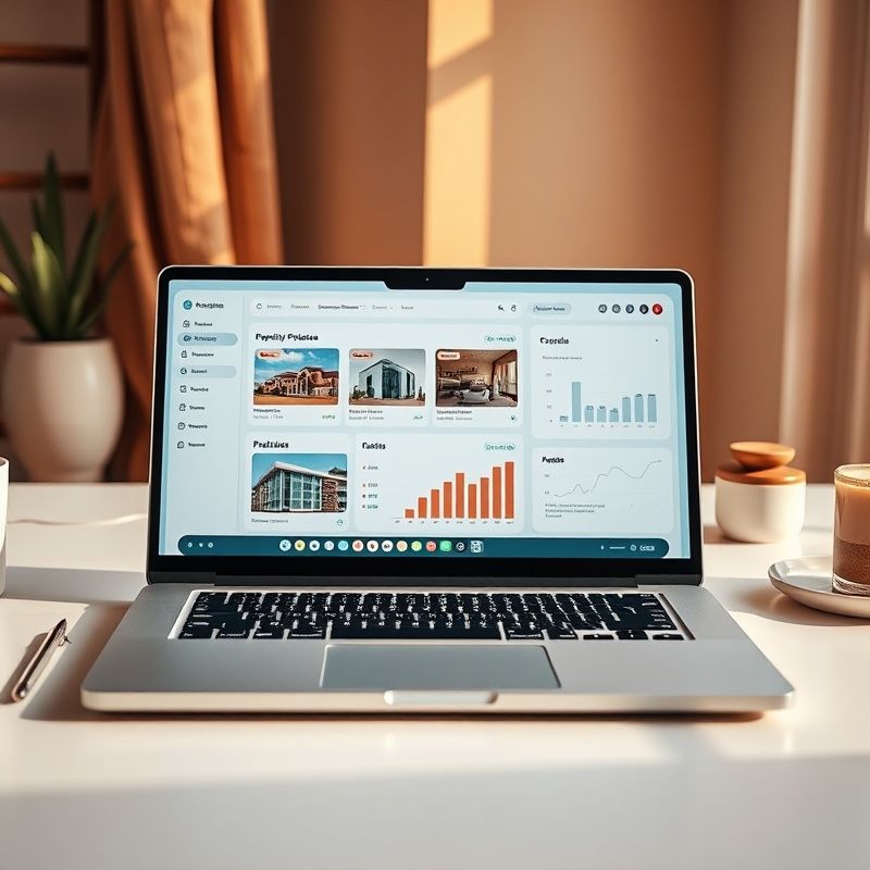 Dashboard Casa Conti su laptop con schede immobile e grafici di pricing